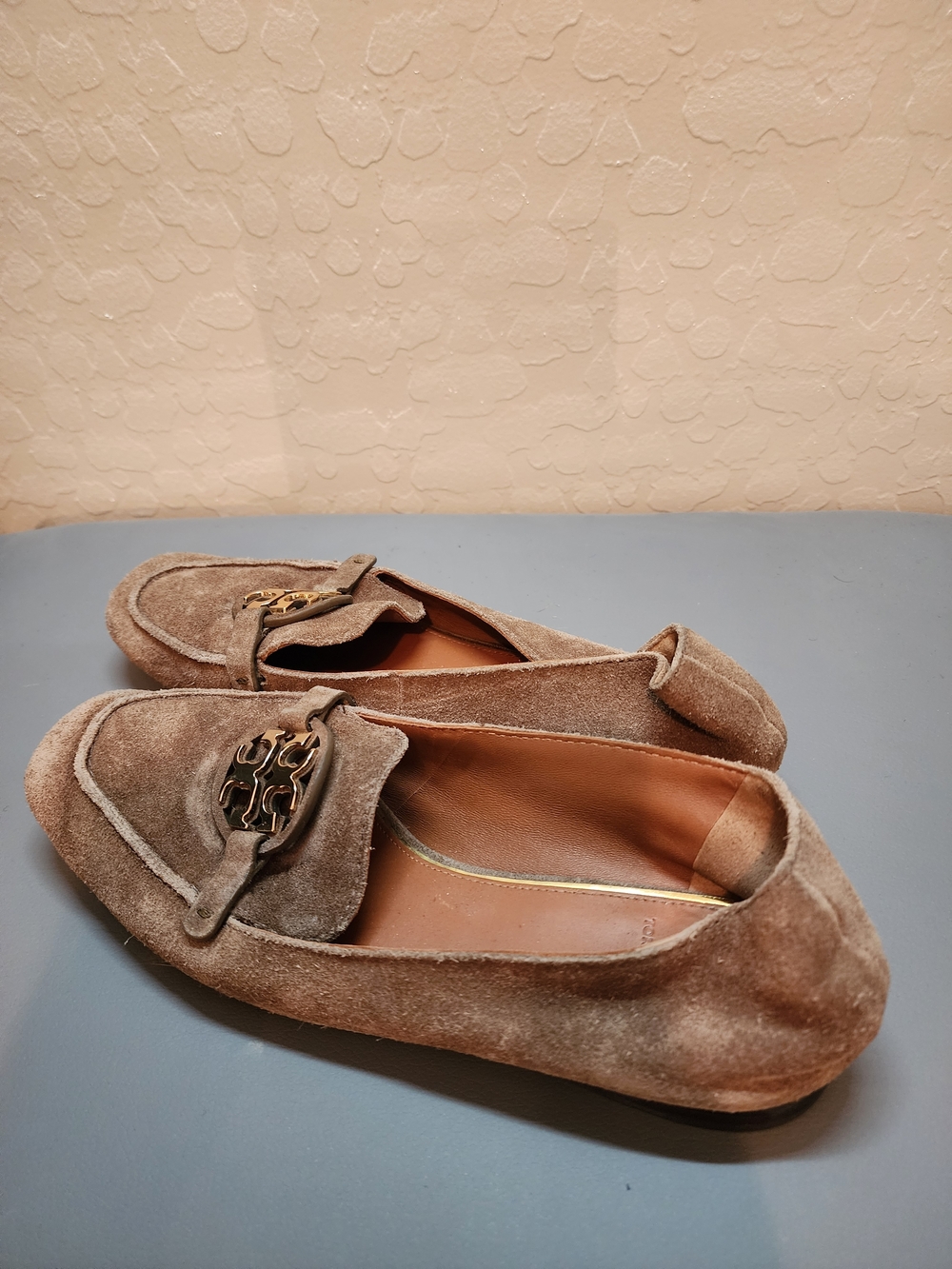 Tory Burch Suede Loafers in Tan with Gold Logo Accent